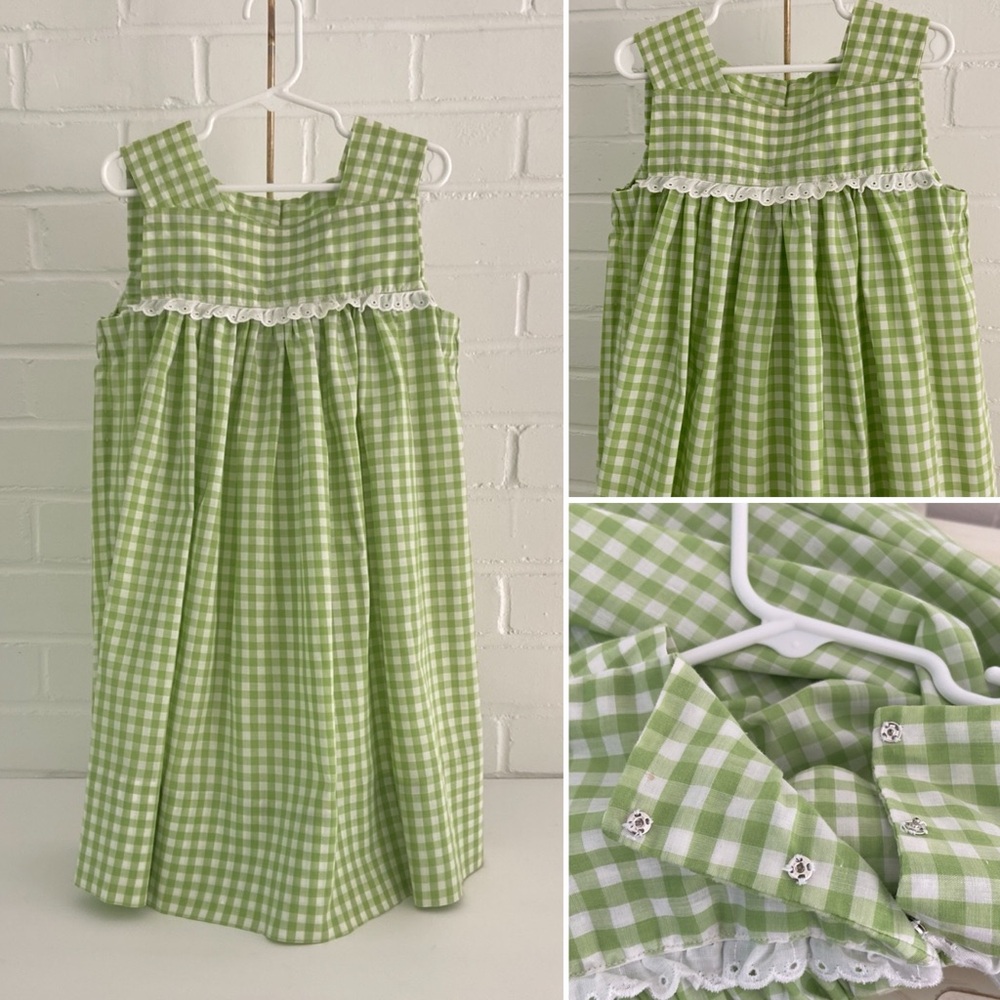 Girls classic Green And White  Gingham Check Summer Sleeveless Sundress Size 5/6